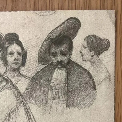 Antique original Women and Men Portraits 19th century Drawing - 4