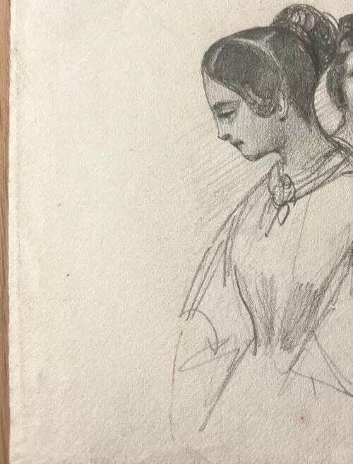 Antique original Women and Men Portraits 19th century Drawing - 5