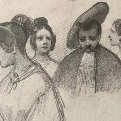 Antique original Women and Men Portraits 19th century Drawing - 6