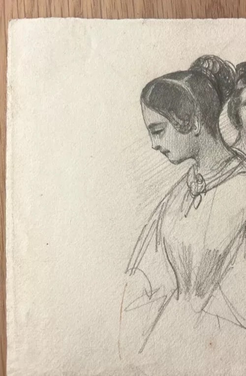 Antique original Women and Men Portraits 19th century Drawing - 7