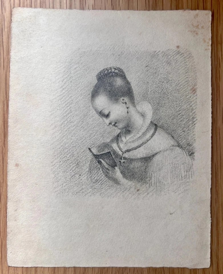 Antique Original Religious Woman Reading 19th century Drawing - 6