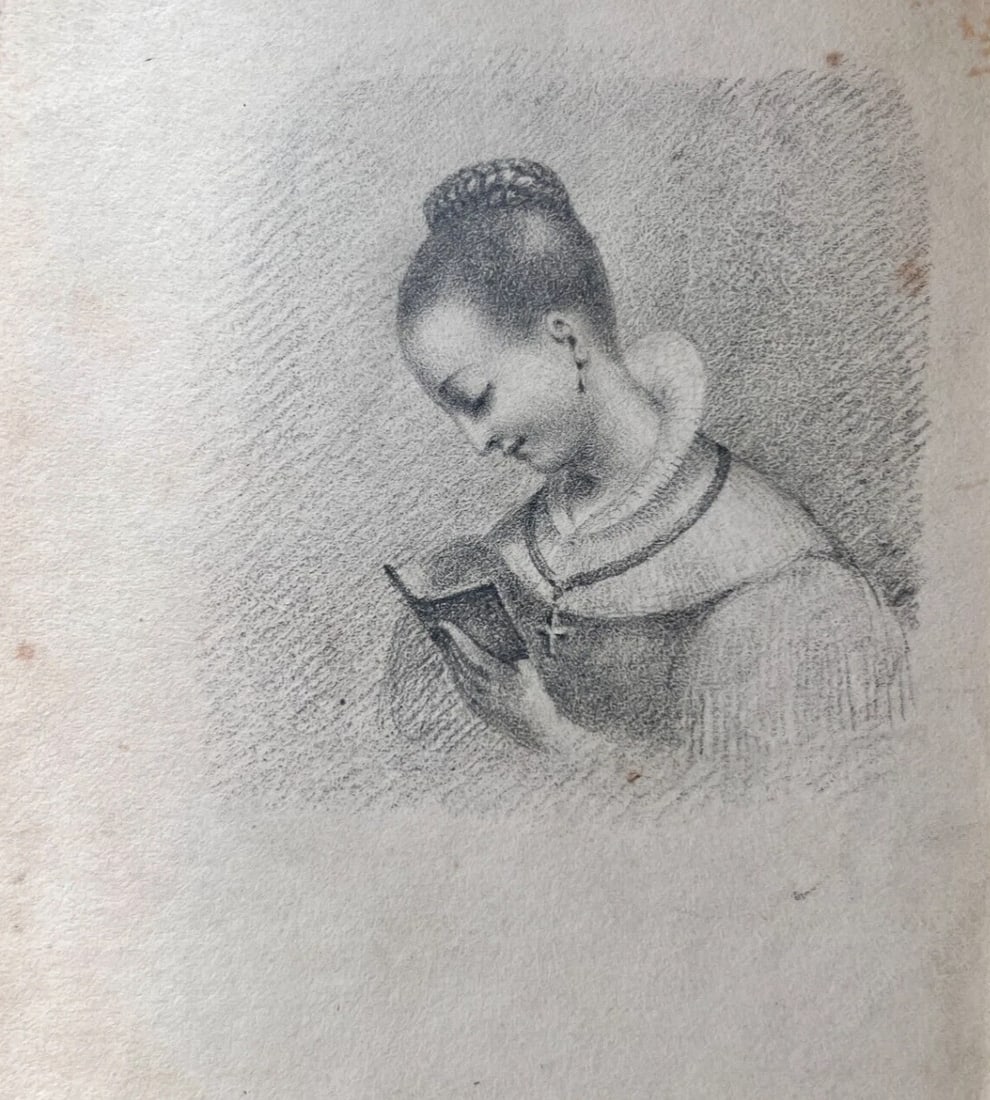 Antique Original Religious Woman Reading 19th century Drawing - 8