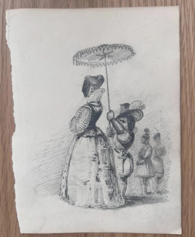 Antique Original Masked Woman Portrait 19th century Drawing - 3