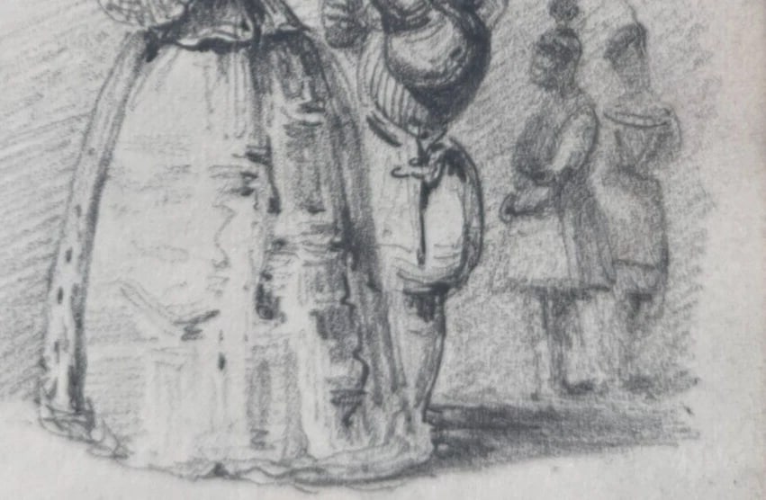 Antique Original Masked Woman Portrait 19th century Drawing - 7