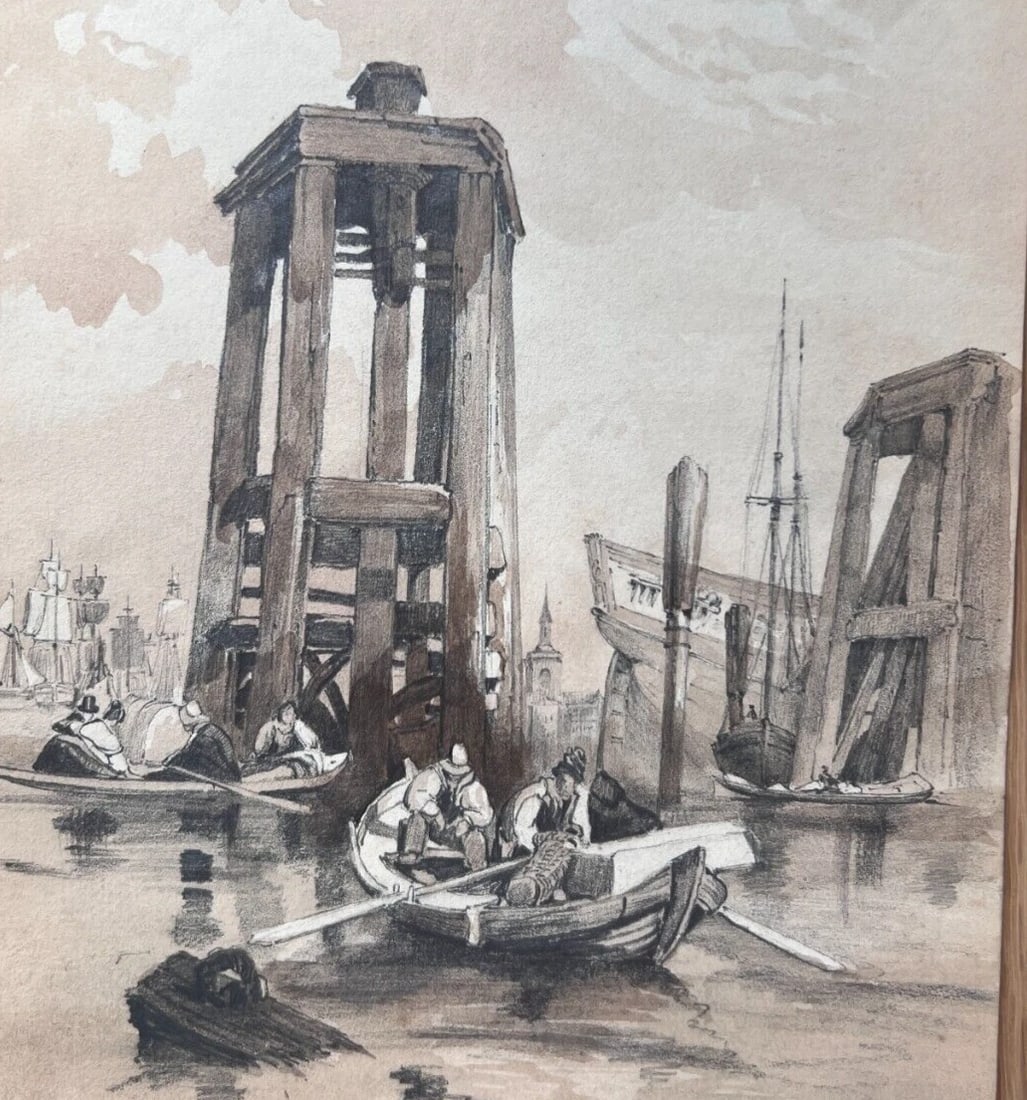 19th century - Maritime Landscape Boats Drawing - Antique Original - 2