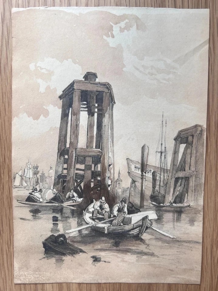 19th century - Maritime Landscape Boats Drawing - Antique Original - 3