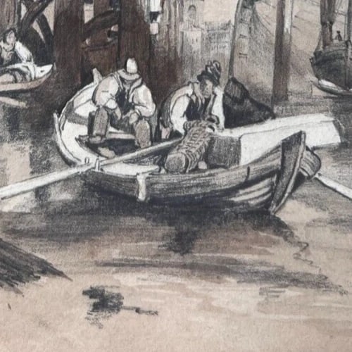 19th century - Maritime Landscape Boats Drawing - Antique Original - 4