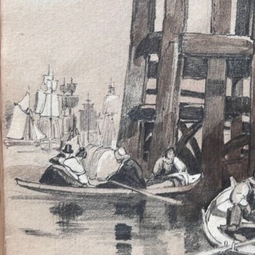 19th century - Maritime Landscape Boats Drawing - Antique Original - 6