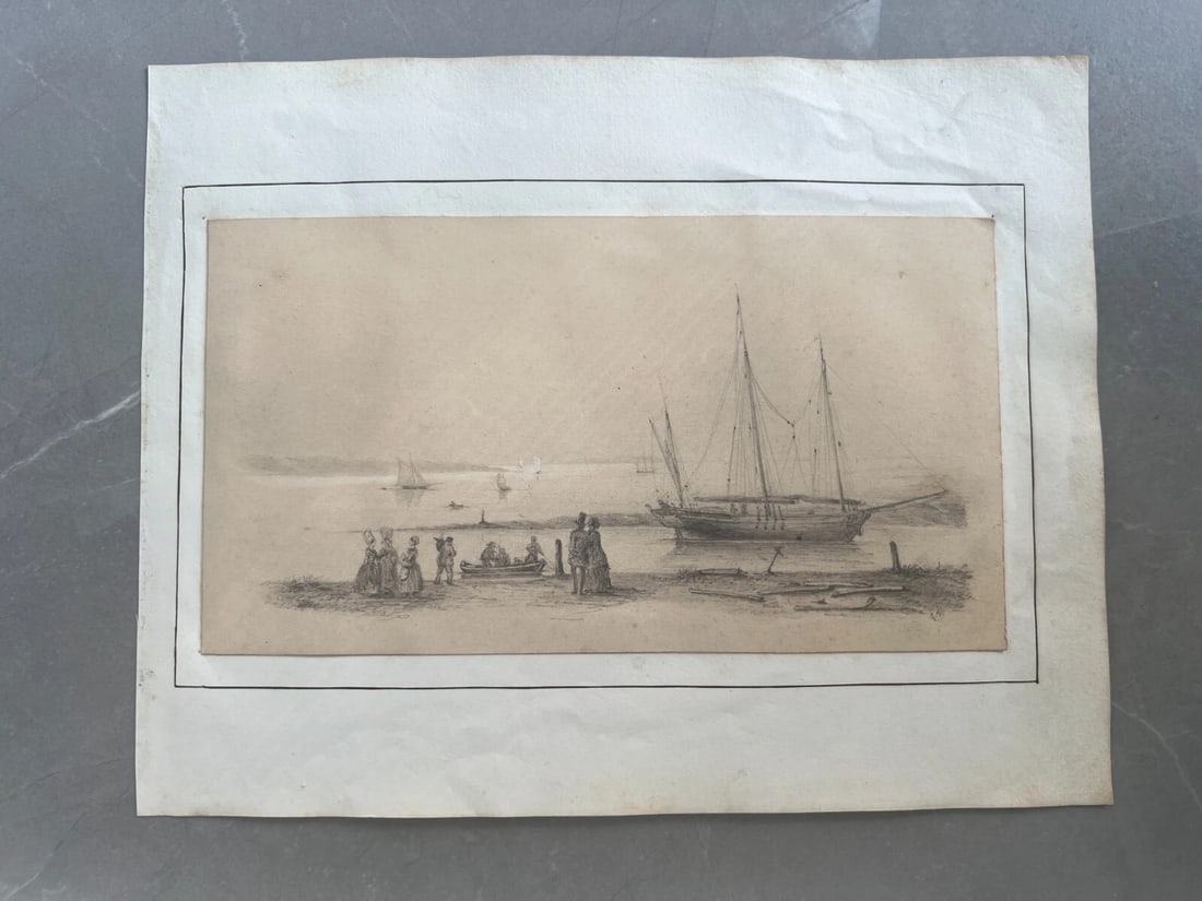 Antique Pencil Drawing 19th century Seaview Landscape with Boat and Figures - 6