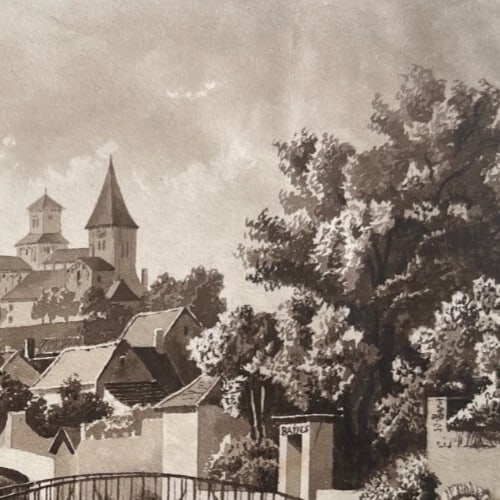 Antique Original Ink Drawing Village, Cityiew, People Houses, Landscape signed - 9