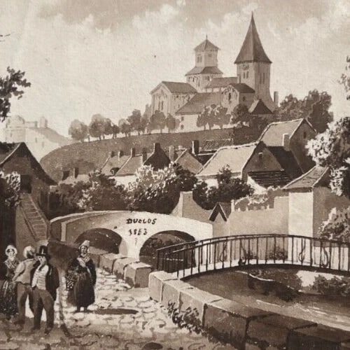 Antique Original Ink Drawing Village, Cityiew, People Houses, Landscape signed - 4