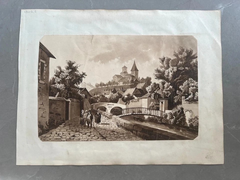 Antique Original Ink Drawing Village, Cityiew, People Houses, Landscape signed - 8