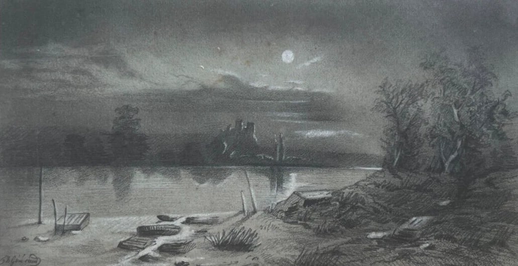 Antique Original Pencil Drawing Landscape, Moon, Castle signed: Title: Antique Original Pencil Drawing Landscape, Moon, Castle signed Description: Pencil on paper 9.5 x 18 cm signed laminated on paper Reserve: $120.00 Shipping: Domestic: Flat-rate of $25.00 to an