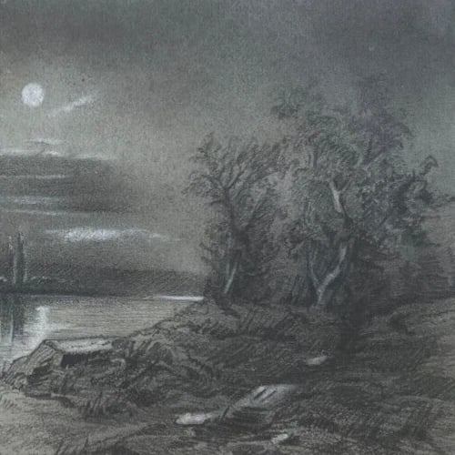 Antique Original Pencil Drawing Landscape, Moon, Castle signed - 6