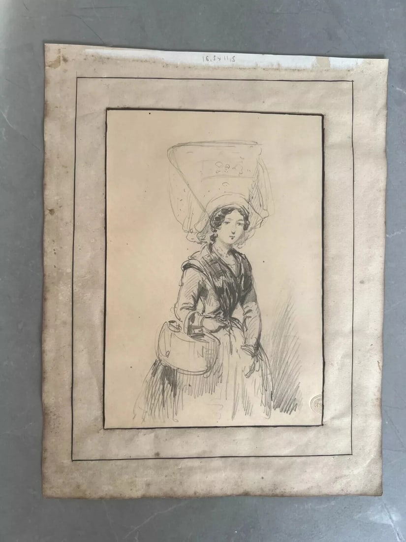 19th century - Woman Portrait, Hat, Bag, Fashion - Drawing Antique Original - 3
