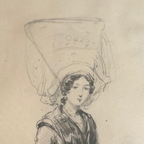 19th century - Woman Portrait, Hat, Bag, Fashion - Drawing Antique Original - 4