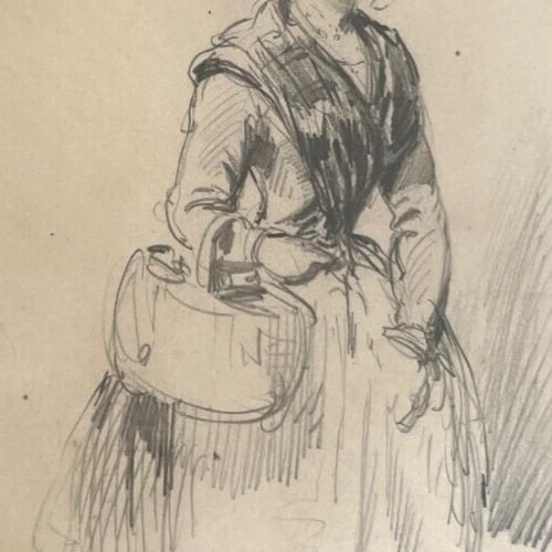 19th century - Woman Portrait, Hat, Bag, Fashion - Drawing Antique Original - 6