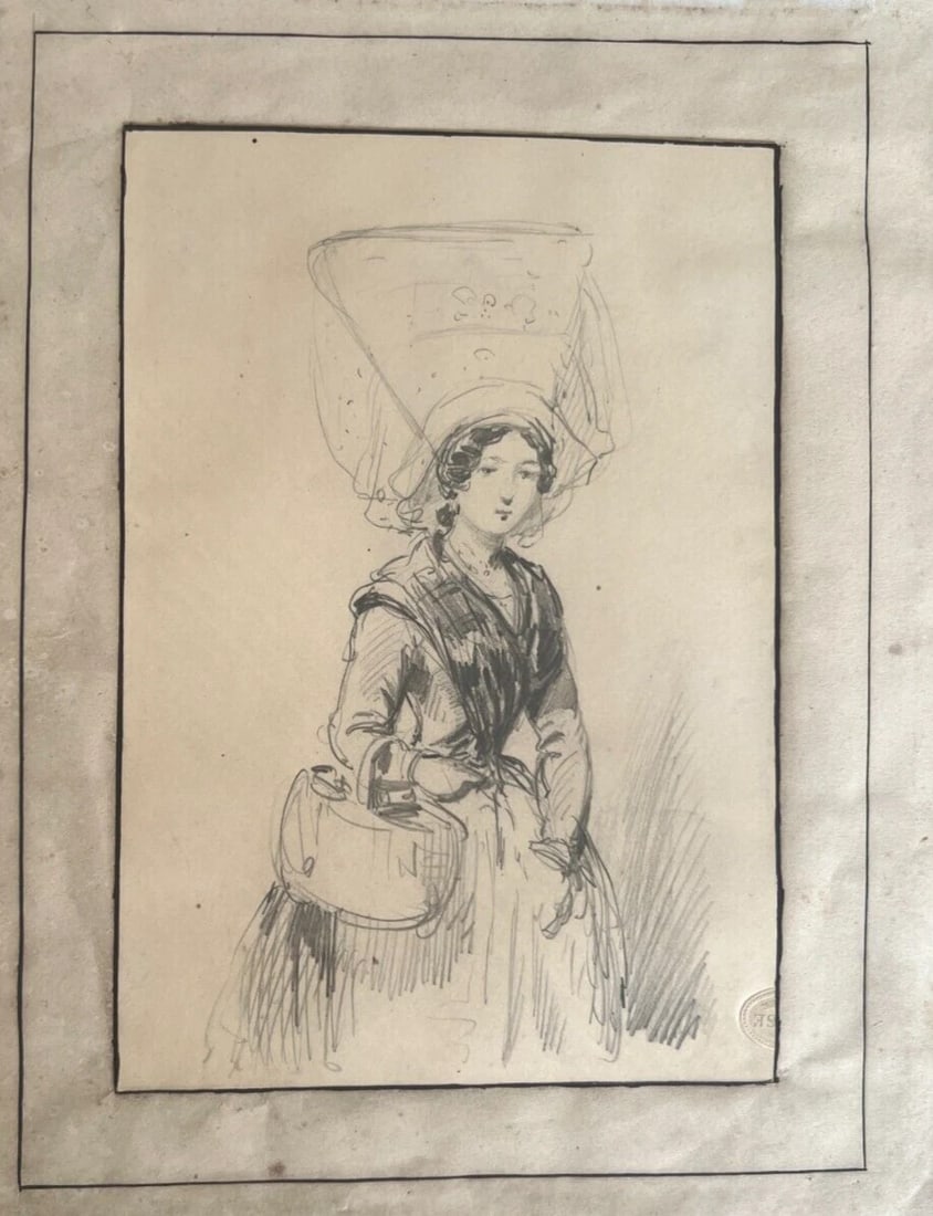 19th century - Woman Portrait, Hat, Bag, Fashion - Drawing Antique Original - 7