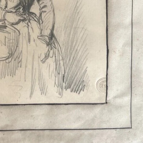 19th century - Woman Portrait, Hat, Bag, Fashion - Drawing Antique Original - 8