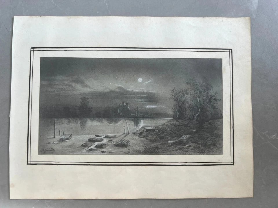 19th century - Landscape, Boat, People, Port, City- Drawing Antique Ink - 3