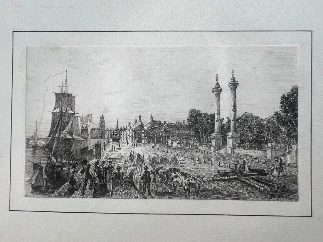 19th century - Landscape, Boat, People, Port, City- Drawing Antique Ink - 5