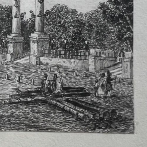 19th century - Landscape, Boat, People, Port, City- Drawing Antique Ink - 6