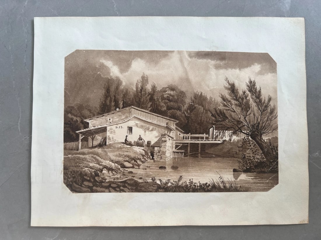 19th century - Landscape, House People, Forest, Trees - Drawing Antique Original - 3