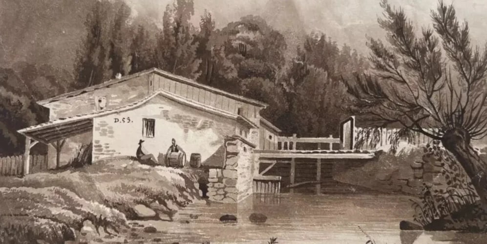 19th century - Landscape, House People, Forest, Trees - Drawing Antique Original - 6