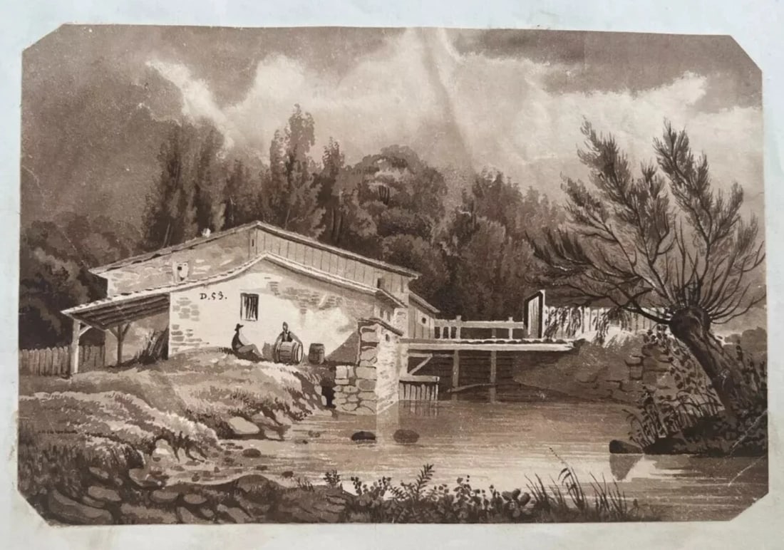 19th century - Landscape, House People, Forest, Trees - Drawing Antique Original - 7