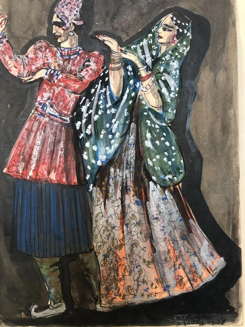 Vintage Drawing Original Portrait Indian Dance, Couple signed 1937 - 2