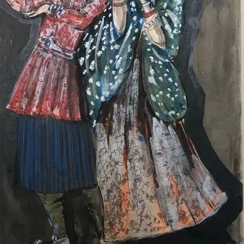 Vintage Drawing Original Portrait Indian Dance, Couple signed 1937 - 6