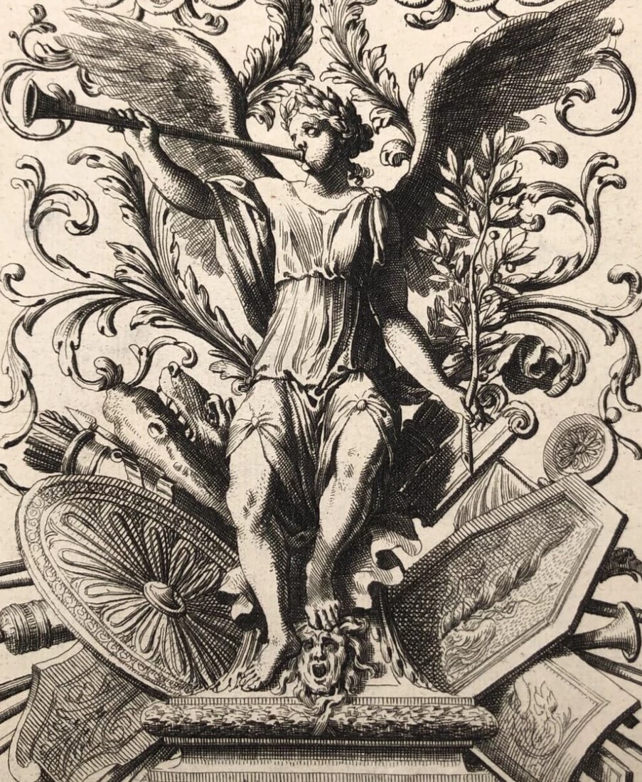 Antique Original Etching Jean Le Pautre (1618–1682) Angel, Trumpet, Ornament: Title: Antique Original Etching Jean Le Pautre (1618–1682) Angel, Trumpet, OrnamentDescription: Fine 17th-century engraving by Jean Le Pautre, master of architectural and ornamental design.