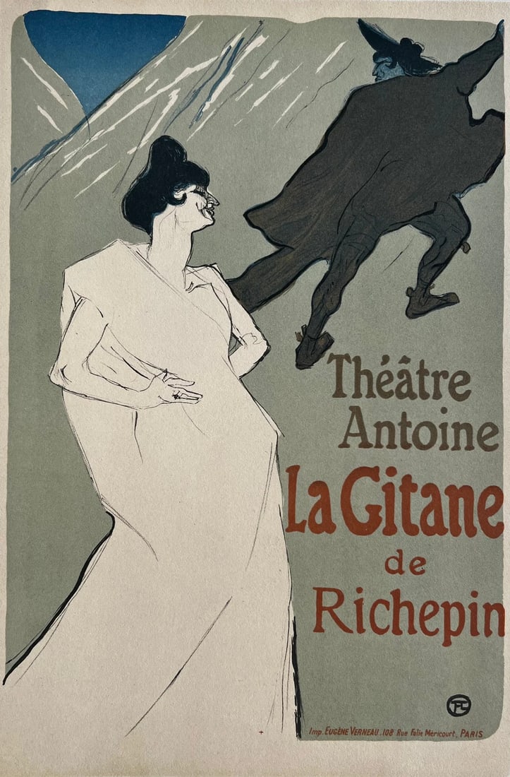 Antique Original Print Theatre Antoine, La Gitane de Richepin Lautrec: Title: Antique Original Print Theatre Antoine, La Gitane de Richepin LautrecDescription: 16 x 22 cm (print size) / 6.29 x 8.66 inches stains, folds Reserve: $50.00 Shipping:Domestic: Flat-rate