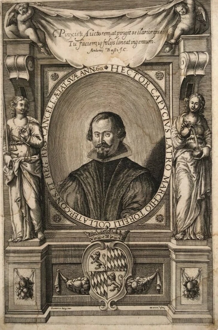 Etching by Domenico GARGIULO (1609-1675) Ettore Capecelatro Portrait: Title: Etching by Domenico GARGIULO (1609-1675) Ettore Capecelatro PortraitDescription: Etching on paper 29 x 19.5 cm / 11.41 x 7.67 inches stains, folds, tears, laminated on paper Reserve: $80.00