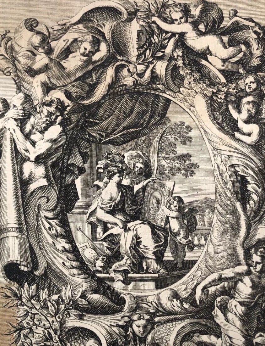Antique Original Etching Jean Le Pautre (1618–1682) Painter and Angels Etching: Title: Antique Original Etching Jean Le Pautre (1618–1682) Painter and Angels Etching Description: Fine 17th-century engraving by Jean Le Pautre, master of architectural and ornamental design. L