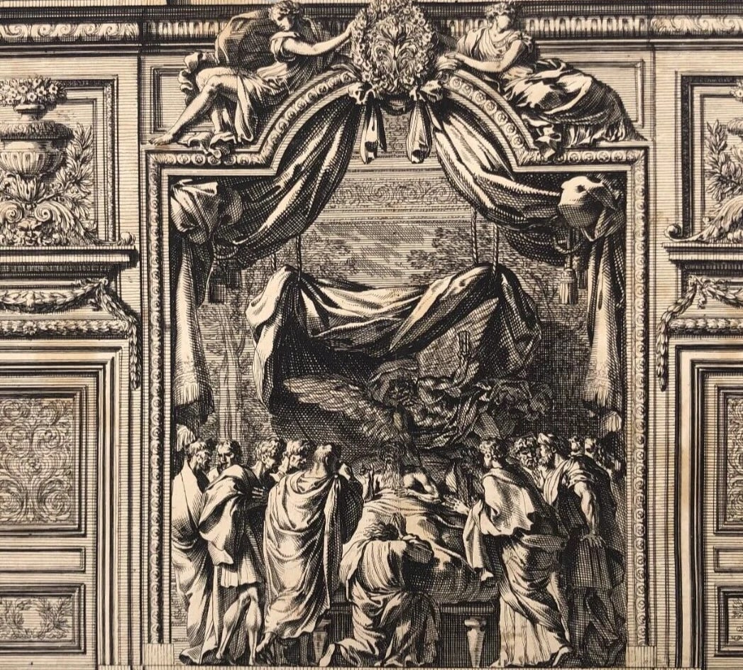 Antique Jean Le Pautre (1618–1682) Religious Scene People Architecture Etching: Title: Antique Jean Le Pautre (1618–1682) Religious Scene People Architecture Etching Description: Fine 17th-century engraving by Jean Le Pautre, master of architectural and ornamental design. L