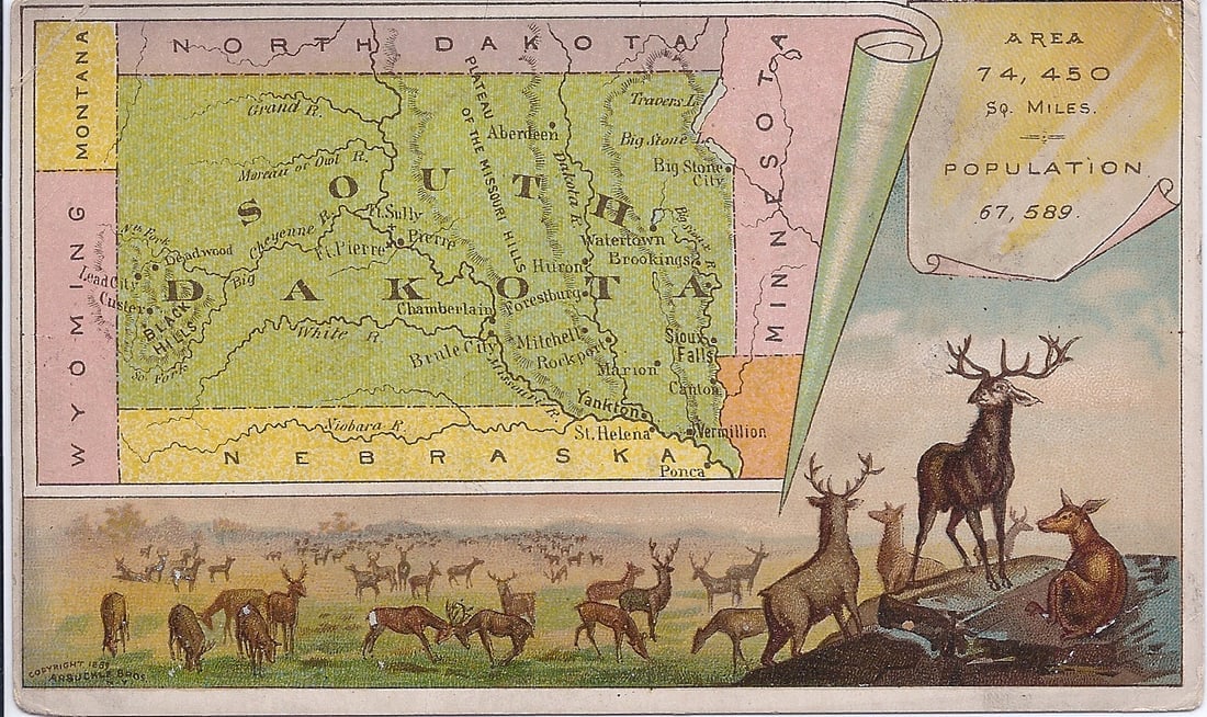 South Dakota: Publication Date:1889Title:South DakotaCartographer:DONALDSON BROS.Publisher:ARBUCKLE BROS.Brief Description:No. 82 map and color lithograph of elk herds. Donaldson Bros. was famous for