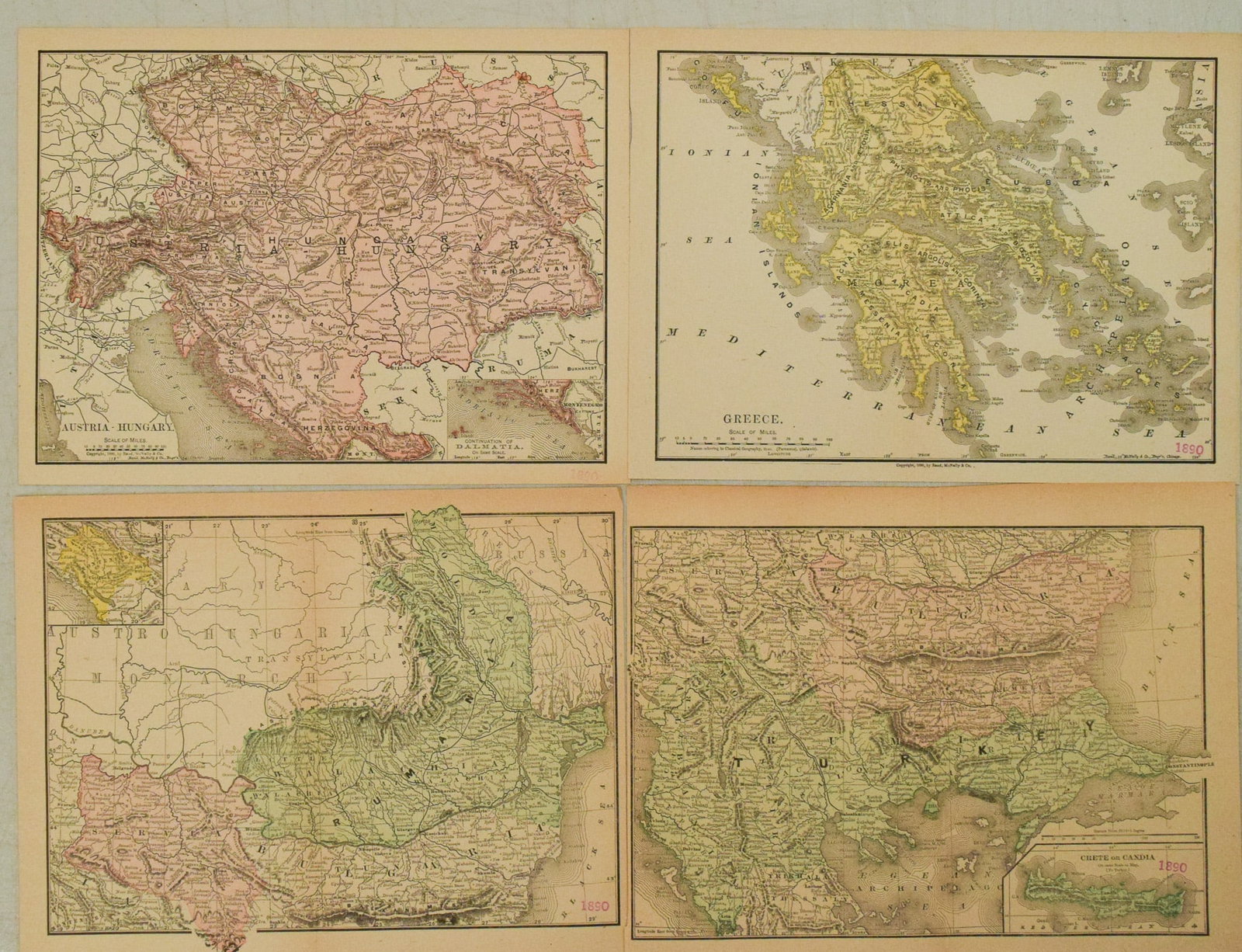 Four 1890 Rand McNally Maps of Parts of Europe: Austro-Hungarian Empire, Greece, Turkey in Europe,: Title:Four 1890 Rand McNally Maps of Parts of Europe: Austro-Hungarian Empire, Greece, Turkey in Europe, RomaniaCartographer:Rand McNallyYear/Place:1890, ChicagoMap Dimension (in.):7.5 X 10.3 in.