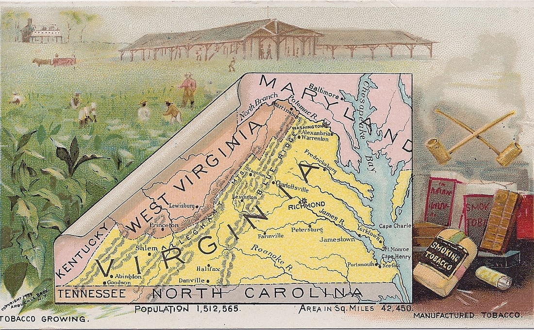 Virginia: Publication Date:1889 Title:Virginia Cartographer:DONALDSON BROS. Publisher:ARBUCKLE BROS. Brief Description:No. 60 map and color lithograph of tobacco growing. Donaldson Bros. was famous for chromoli