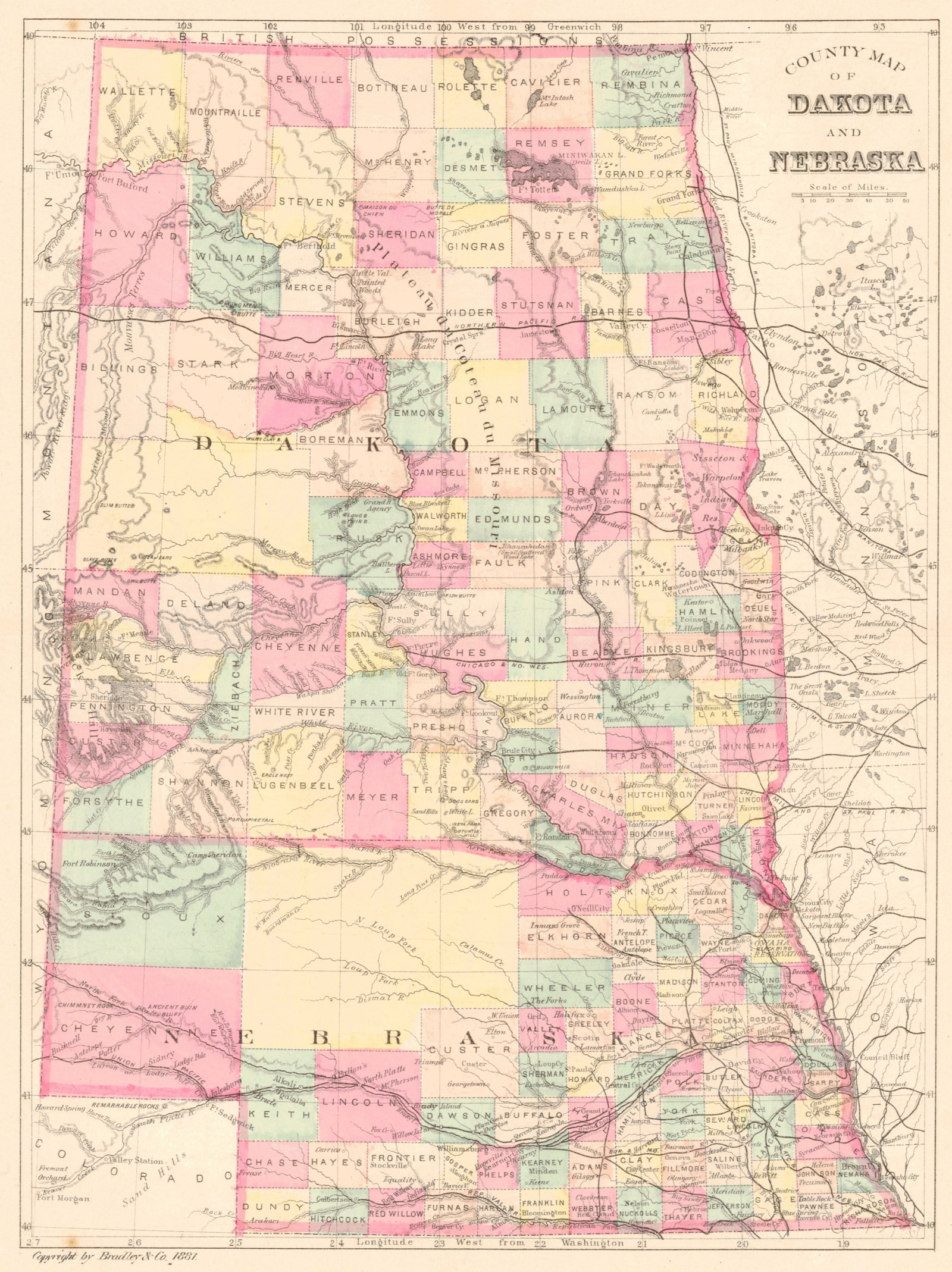 County Map of Dakota and Nebraska: Publication Date:1881Title:County Map of Dakota and NebraskaCartographer:BRADLEY & CO.Publisher:BRADLEY & O.Brief Description:Shows some topography and railroads. Late for hand color. Small