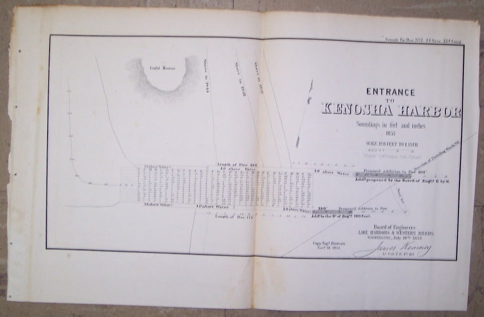Entrance to Kenosha Harbor: Publication Date:1854Title:Entrance to Kenosha HarborCartographer:GAMBLE, WM. ?Publisher:U.S. SENATEBrief Description:"Soundings in feet and inches 1853 Scale, 128 feet to one inch... Board of