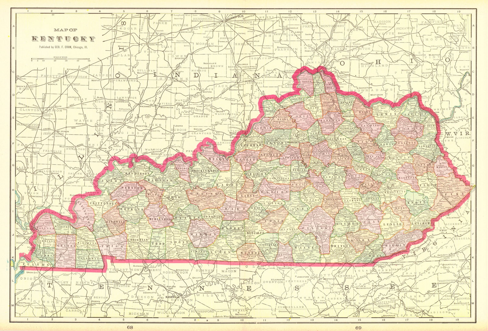 Kentucky: Publication Date:1908Title:KentuckyCartographer:CRAM, GEORGE F.Publisher:GEO. F. CRAMBrief Description:Portion of Indiana and Michigan on reverse. Single state representation without Tennessee. Very