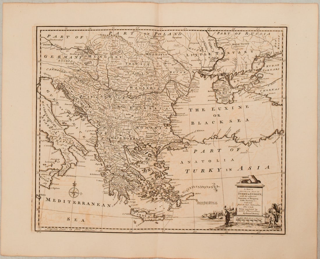 1782 Bowen Map of Turkey in Europe with Focus on Balcans -- A New & Accurate Map of Turky in Europe,: Title:1782 Bowen Map of Turkey in Europe with Focus on Balcans -- A New & Accurate Map of Turky in Europe, with the Adjacent Counties of Hungary, Little Tartary &c…Cartographer:E