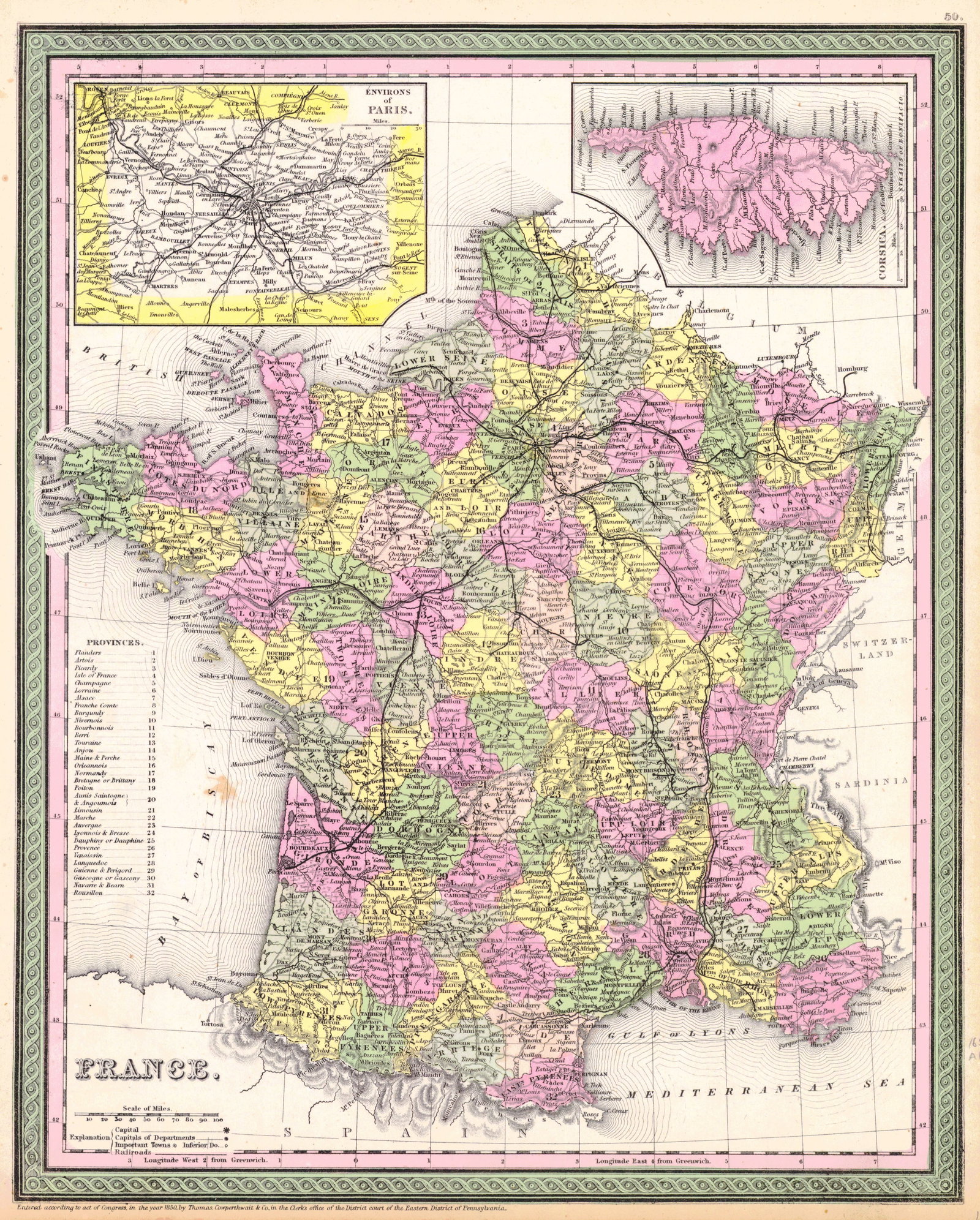 France.: Publication Date:1850Title:France.Cartographer:MITCHELL, S.A.Publisher:THOMAS, COWPERTHWAIT & CO.Brief Description:Inset: Environs of Paris and Corsica. Margin browned.Height:16Width:12.8 Reserve: