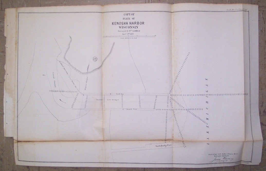 Copy of Plate of Kenosha Harbor Wisconsin: Publication Date:1854Title:Copy of Plate of Kenosha Harbor WisconsinCartographer:GAMBLE, WM.Publisher:U.S. SENATEBrief Description:"Surveyed by Wm. Gamble April 19th 1854. Board of Engrs Lake Harbor