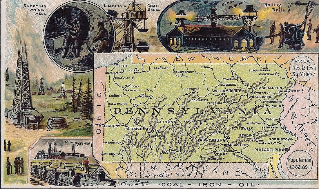 Pennsylvania: Publication Date:1889 Title:Pennsylvania Cartographer:DONALDSON BROS. Publisher:ARBUCKLE BROS. Brief Description:No. 54 map and color lithograph of many industries of the state. Height:2 Width:3.5 Res
