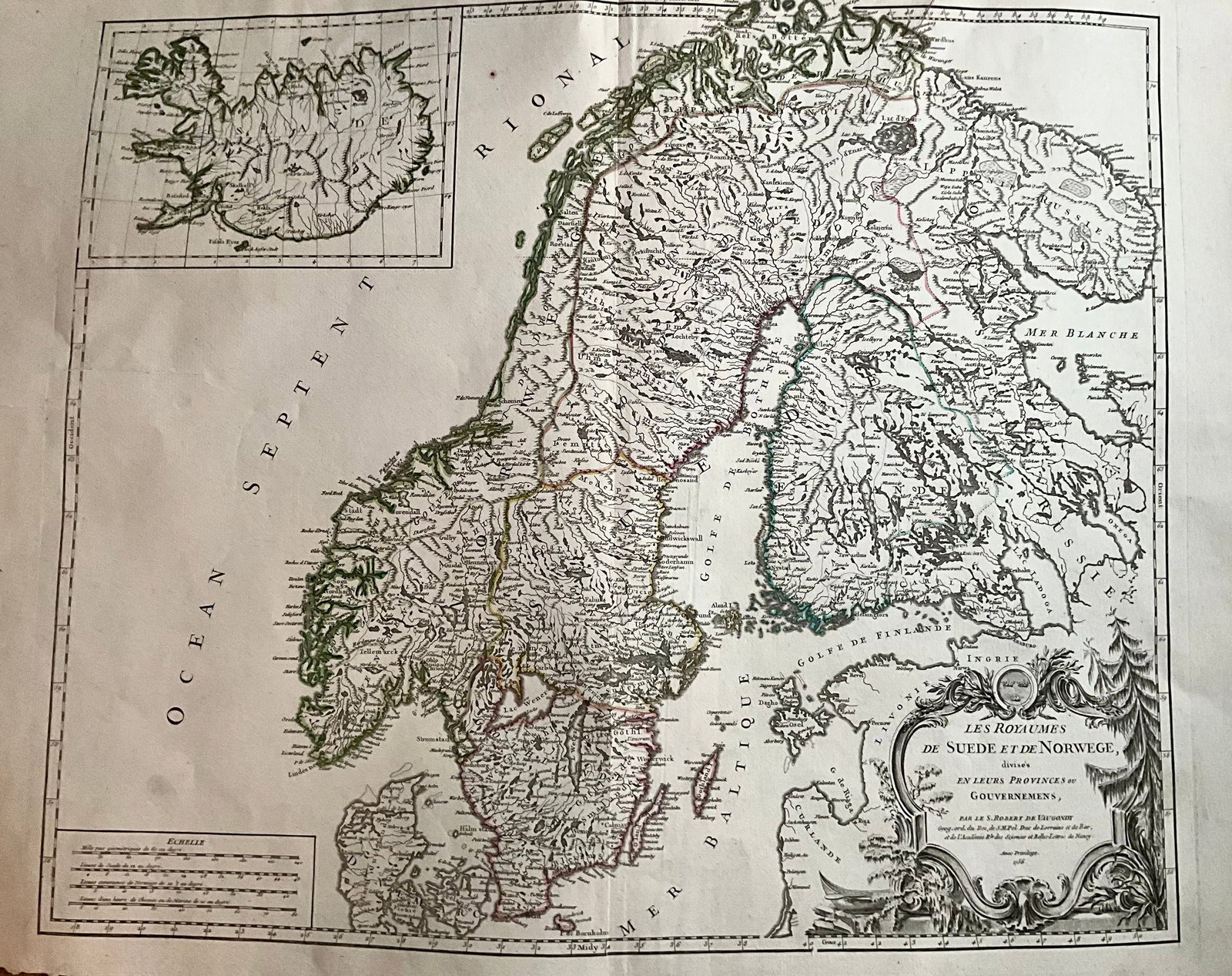 1756 Hand-Colored Vaugondy Antique Map of Scandinavia & Iceland: Title: 1756 Hand-Colored Vaugondy Antique Map of Scandinavia & IcelandDate/Period: 1756Materials:Hand colored, copperplate engravedSize:23 × 19 inchesDescription:An exquisite 1756 hand-colored