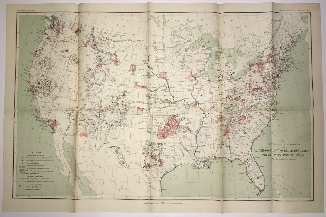 Map Showing Condition and Progress of Astronomic Location, Primary Triangulation, Primary Traverse: Publication Date:1900 Title:Map Showing Condition and Progress of Astronomic Location, Primary Triangulation, Primary Traverse and Spirit Leveling, Cartographer:U.S. GEOLOGICAL SURVEY Publisher:U.S. G