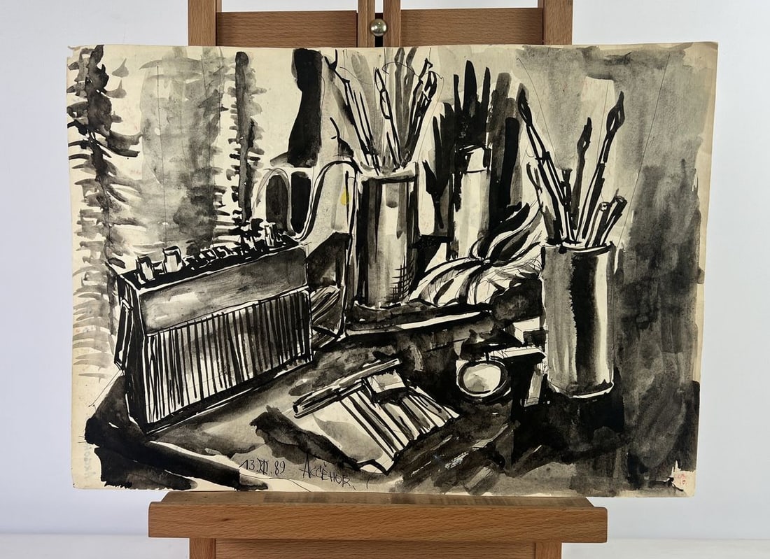 Watercolor painting Melody on a background of brushes Vadim Aksenov: Title: Watercolor painting Melody on a background of brushes Vadim Aksenov Description: NoAAA5170The Watercolor painting on Cardboard titled "Melody on a Background of Brushes" is in fact a masterful