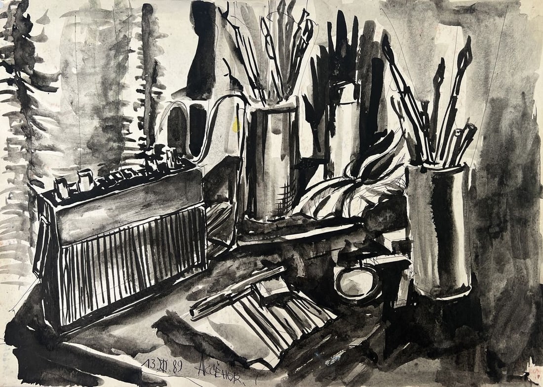 Watercolor painting Melody on a background of brushes Vadim Aksenov - 3